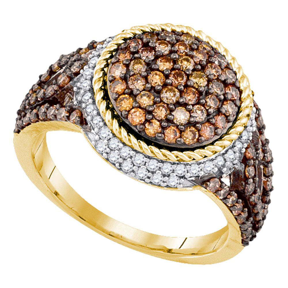 10kt Yellow Gold Womens Round Brown Diamond Cluster Ring 1-1/5 Cttw