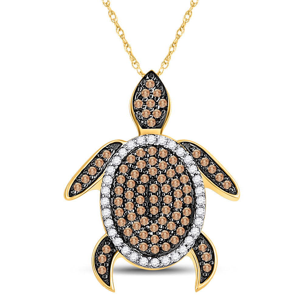 10kt Yellow Gold Womens Round Brown Diamond Sea Turtle Animal Pendant 3/8 Cttw