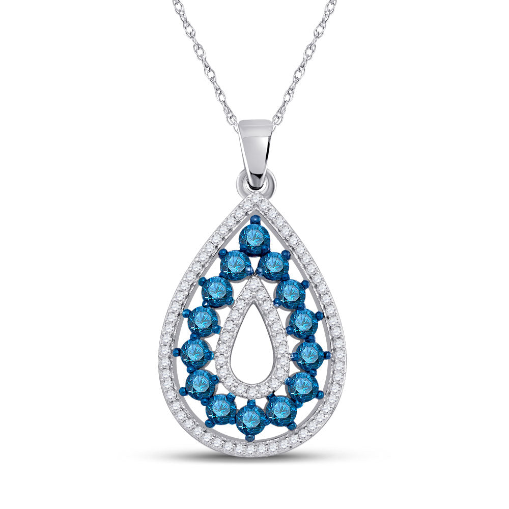 10kt White Gold Womens Round Blue Color Enhanced Diamond Teardrop Pendant 1 Cttw