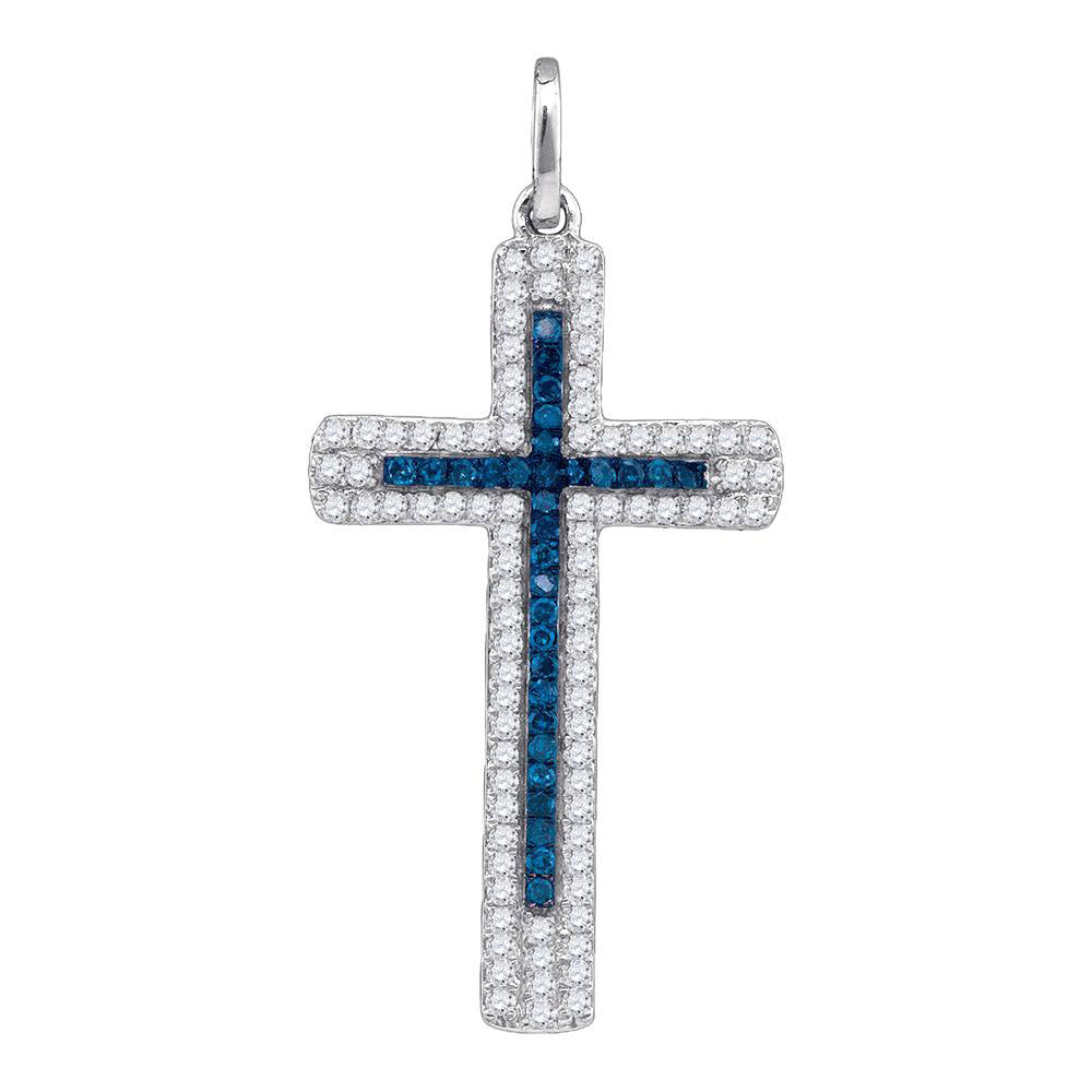 10kt White Gold Womens Round Blue Color Enhanced Diamond Cross Pendant 1/4 Cttw