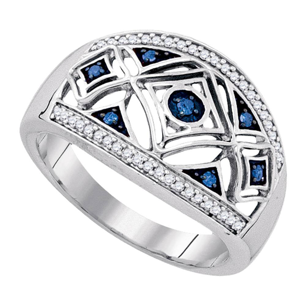 Sterling Silver Womens Round Blue Color Enhanced Diamond Fashion Ring 1/5 Cttw