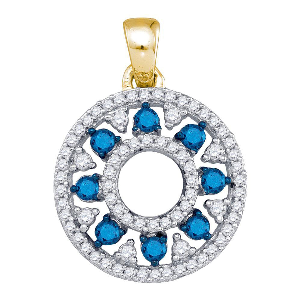 10kt Yellow Gold Womens Round Blue Color Enhanced Diamond Circle Cutout Pendant 1/2 Cttw