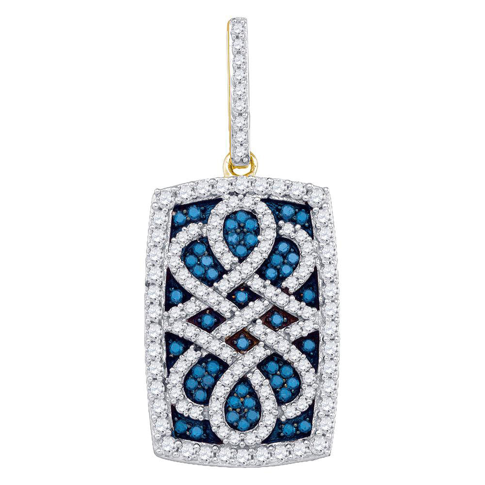 10kt Yellow Gold Womens Round Blue Color Enhanced Diamond Rectangle Cluster Pendant 7/8 Cttw