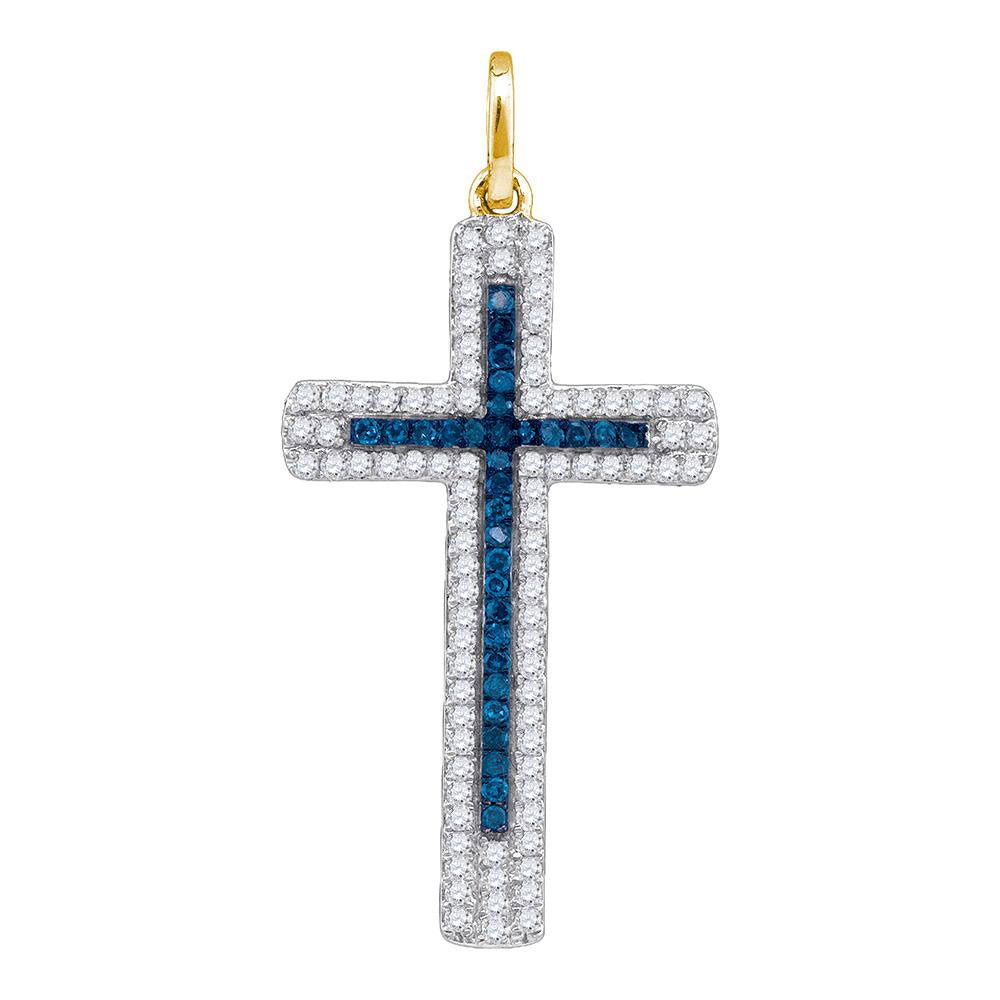 10kt Yellow Gold Womens Round Blue Color Enhanced Diamond Roman Cross Pendant 1/4 Cttw