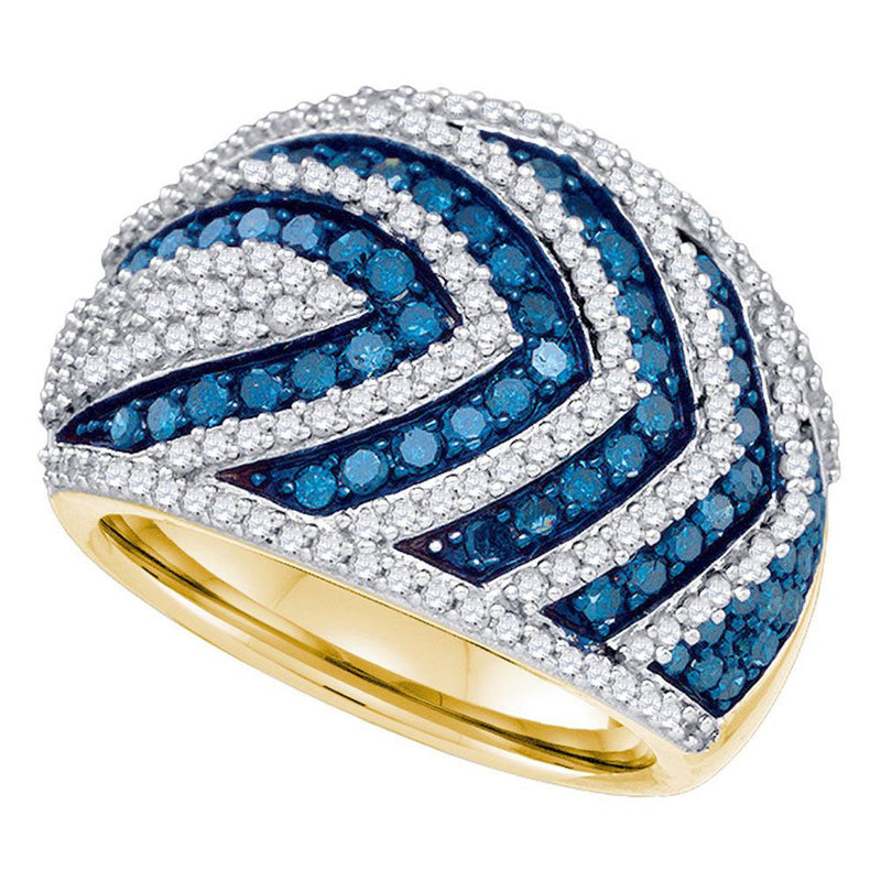 10kt Yellow Gold Womens Round Blue Color Enhanced Diamond Striped Fashion Ring 1-3/4 Cttw