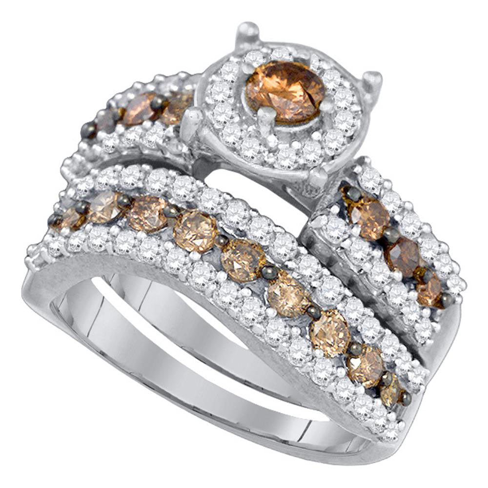 10kt White Gold Womens Round Brown Diamond Bridal Wedding Ring Band Set 1-3/4 Cttw