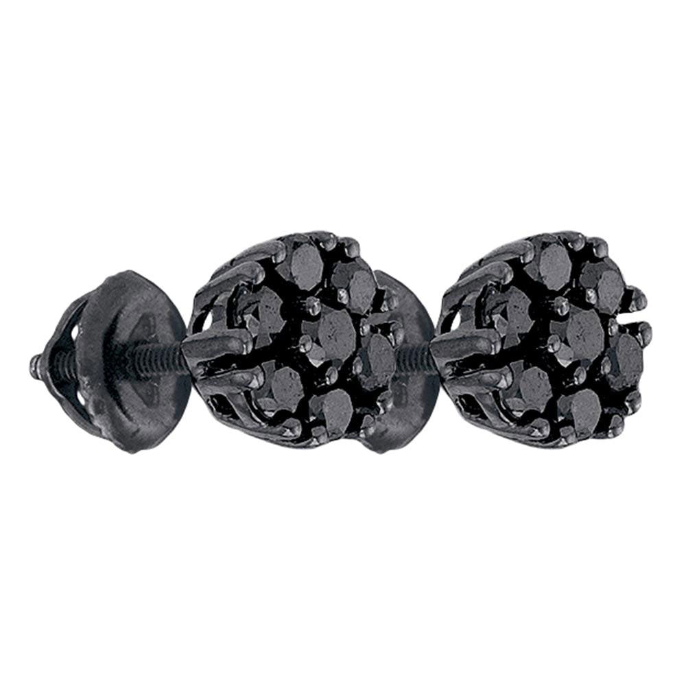 Black-finish Sterling Silver Mens Round Black Color Enhanced Diamond Cluster Earrings 1 Cttw