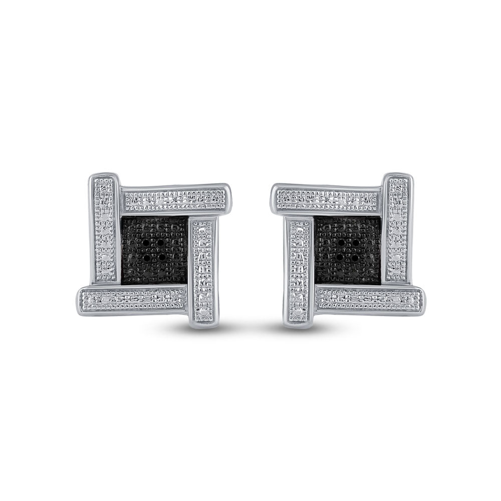 Sterling Silver Mens Round Black Color Enhanced Diamond Square Earrings .03 Cttw