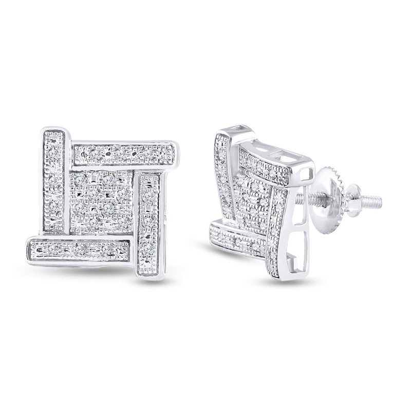 Sterling Silver Mens Round Diamond Square Earrings 1/8 Cttw