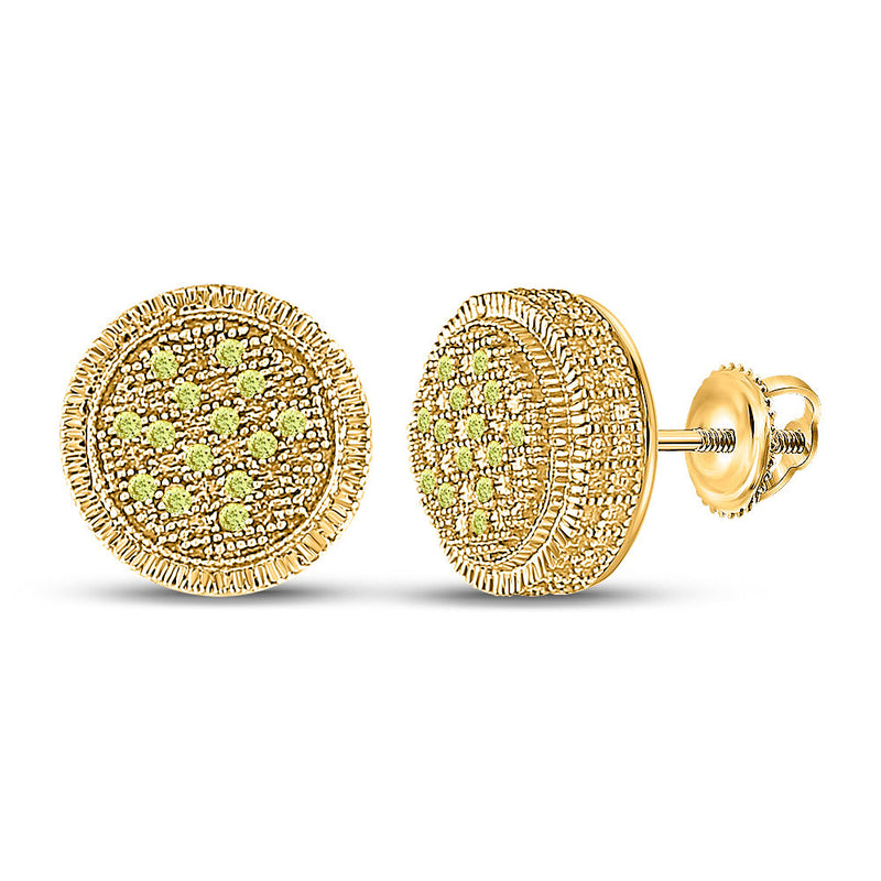 Sterling Silver Mens Round Yellow Color Enhanced Diamond Cluster Earrings 1/10 Cttw