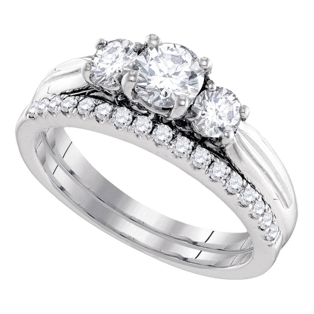 14kt White Gold Round Diamond 3-Stone Bridal Wedding Ring Band Set 1 Cttw