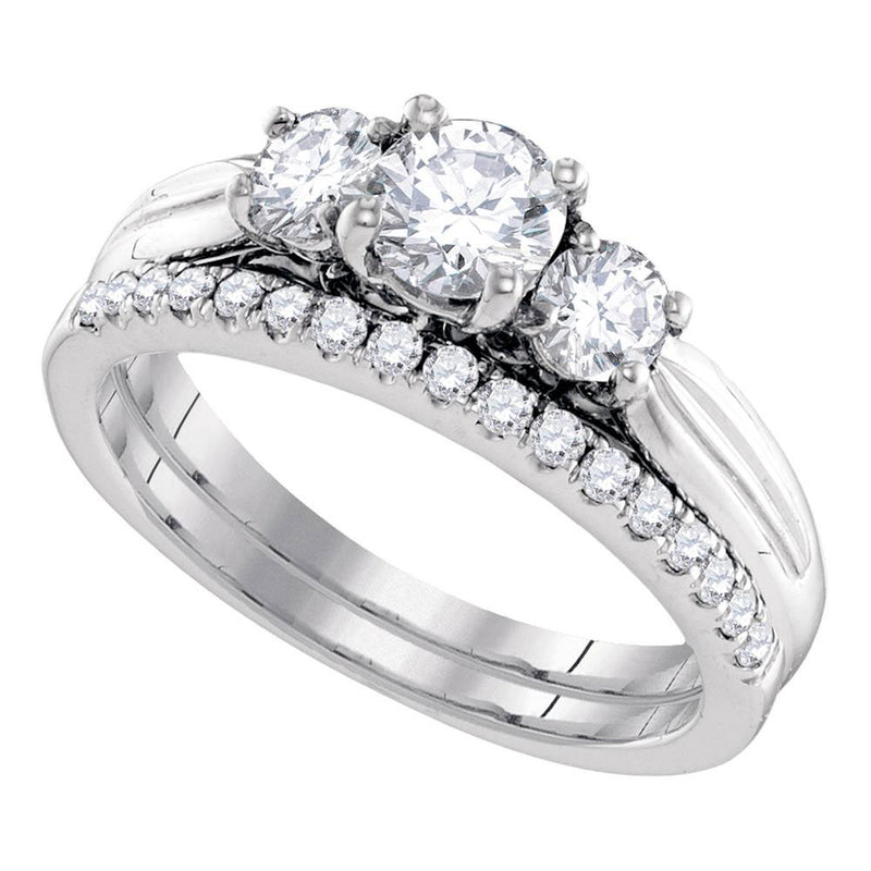 14kt White Gold Round Diamond 3-Stone Bridal Wedding Ring Band Set 1 Cttw