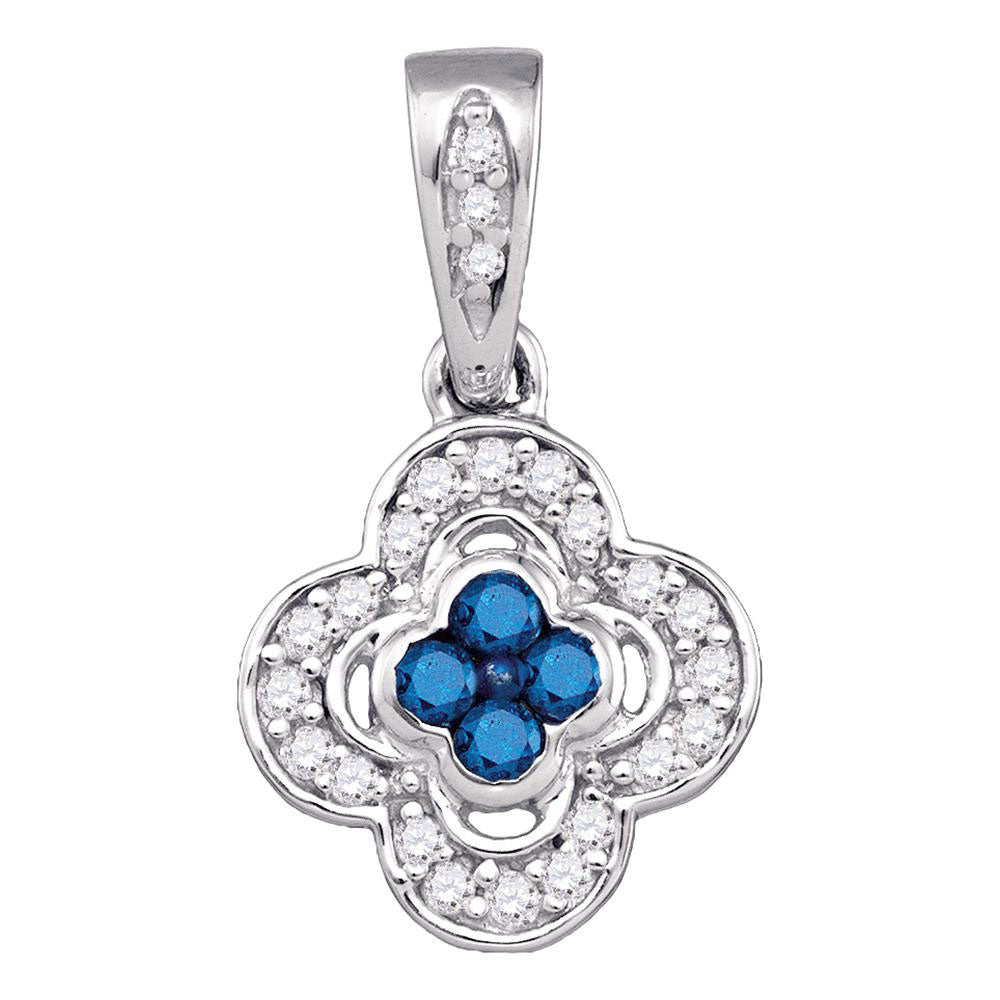 10kt White Gold Womens Round Blue Color Enhanced Diamond Quatrefoil Cluster Pendant 1/4 Cttw