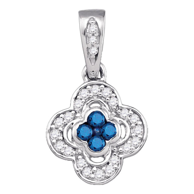 10kt White Gold Womens Round Blue Color Enhanced Diamond Quatrefoil Cluster Pendant 1/4 Cttw