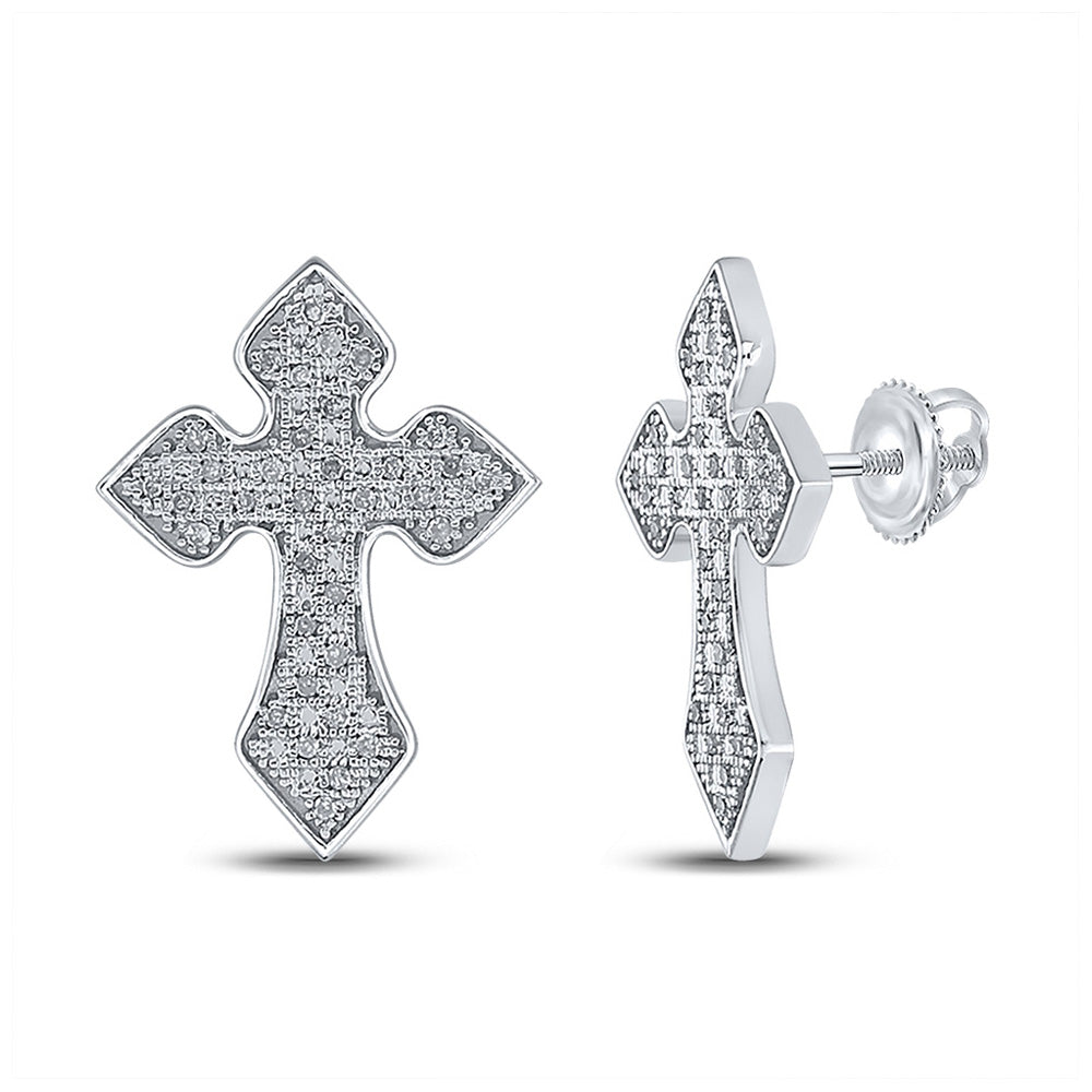 Sterling Silver Mens Round Diamond Crucifix Cross Earrings 1/5 Cttw