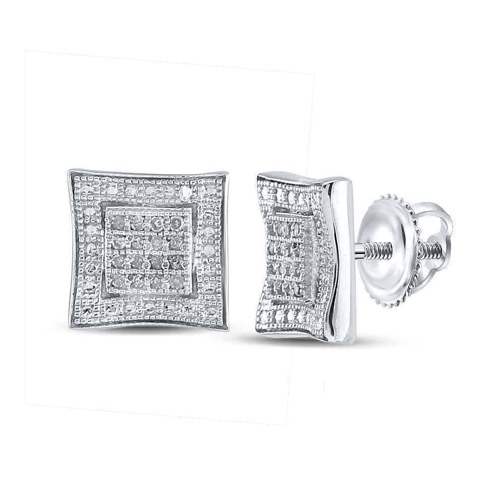 Sterling Silver Mens Round Diamond Square Kite Cluster Earrings 1/10 Cttw