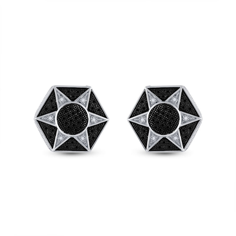 Sterling Silver Round Black Color Enhanced Diamond Hexagon Star Cluster Earrings 1/5 Cttw