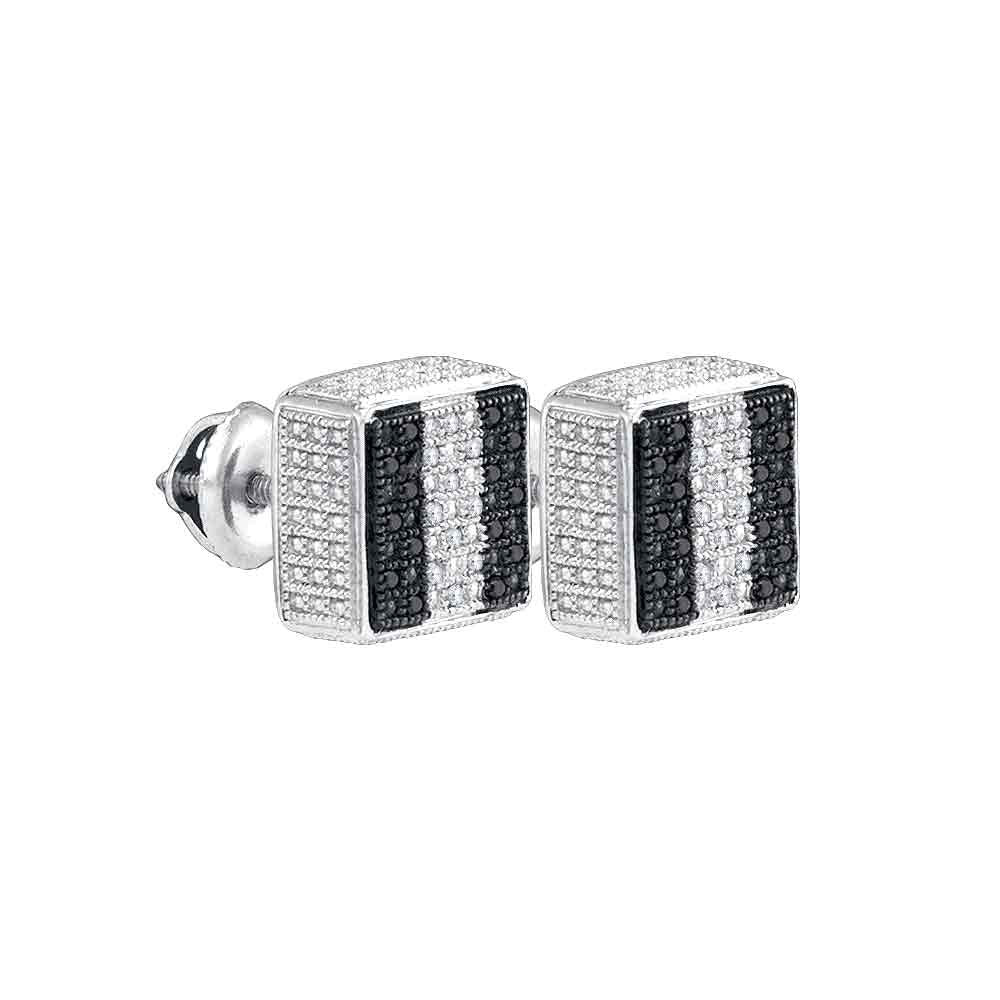 Sterling Silver Black Color Enhanced Round Pave-set Diamond Mens Square Stud Earrings