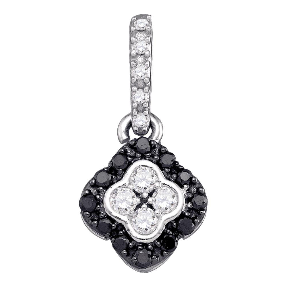 10kt White Gold Womens Round Black Color Enhanced Diamond Quatrefoil Cluster Pendant 1/3 Cttw