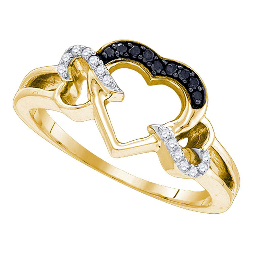 Yellow-tone Sterling Silver Womens Round Black Color Enhanced Diamond Heart Ring 1/8 Cttw