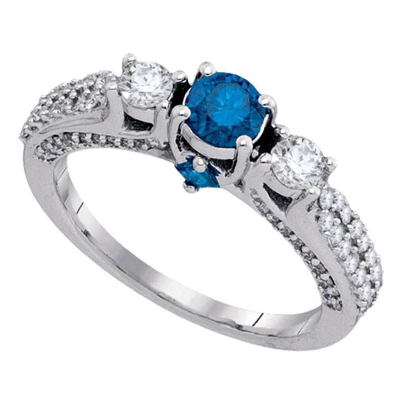 14kt White Gold Round Blue Color Enhanced Diamond 3-stone Bridal Wedding Ring 1-1/4 Cttw