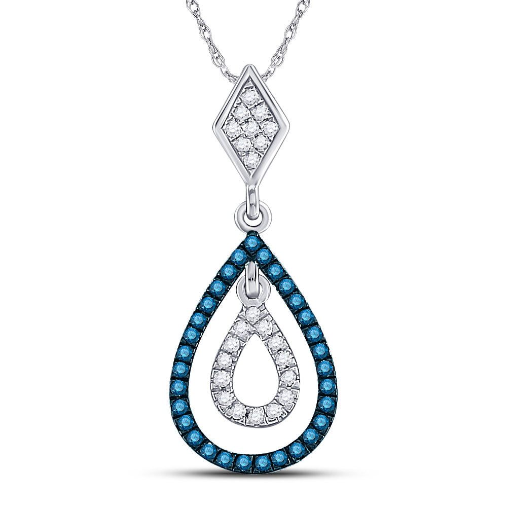 10kt White Gold Womens Round Blue Color Enhanced Diamond Teardrop Pendant 1/5 Cttw