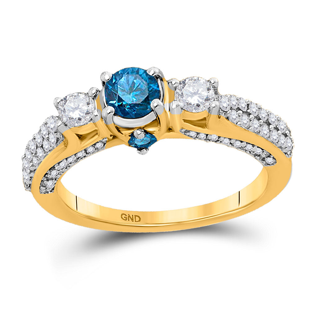 14kt Yellow Gold Round Blue Color Enhanced Diamond 3-stone Bridal Wedding Ring 1-1/4 Cttw