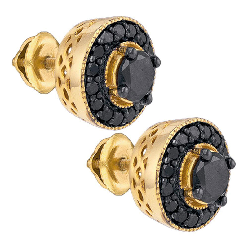 Yellow-tone Sterling Silver Mens Round Black Color Enhanced Diamond Stud Earrings 2 Cttw