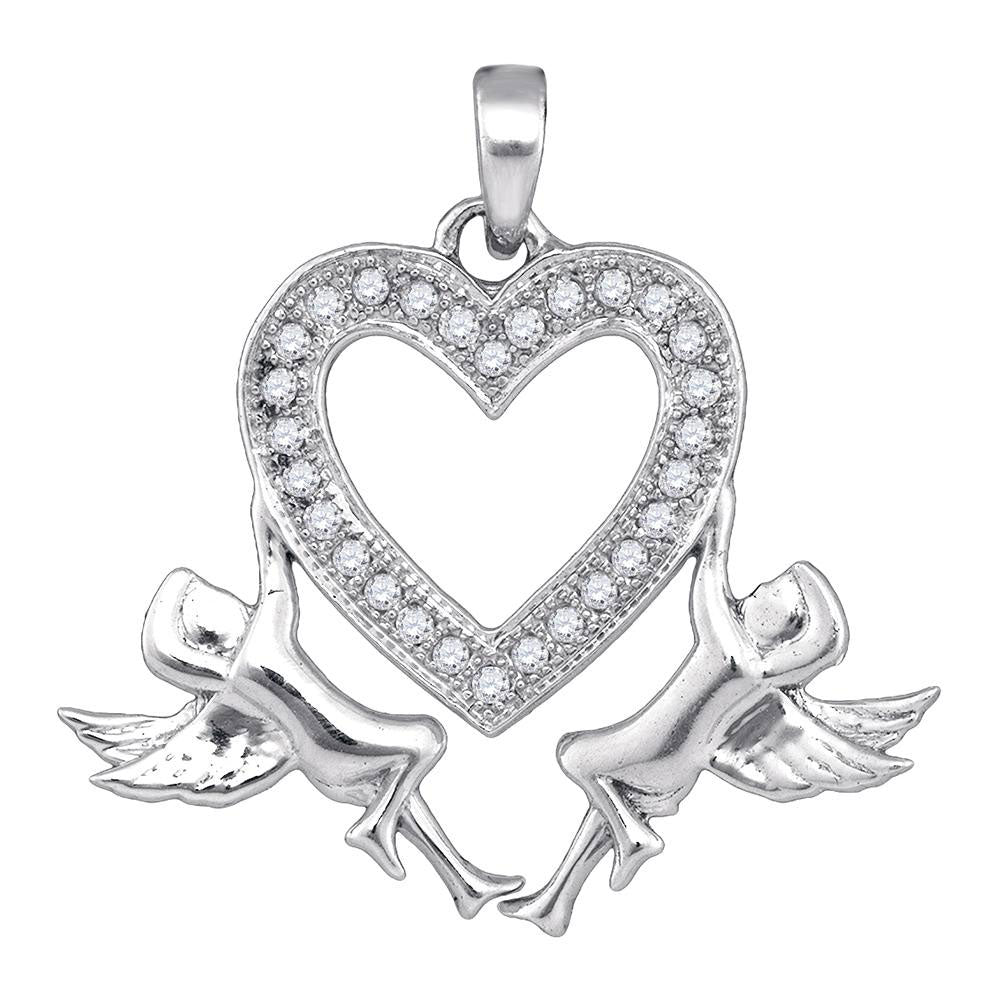 10kt White Gold Womens Round Diamond Heart Angel Cherub Pendant 1/10 Cttw