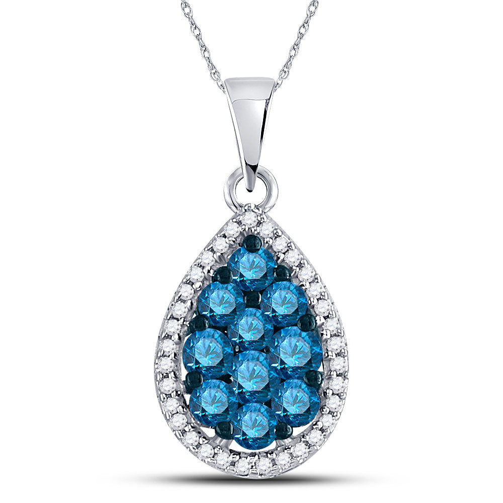 10kt White Gold Womens Round Blue Color Enhanced Diamond Teardrop Cluster Pendant 3/4 Cttw