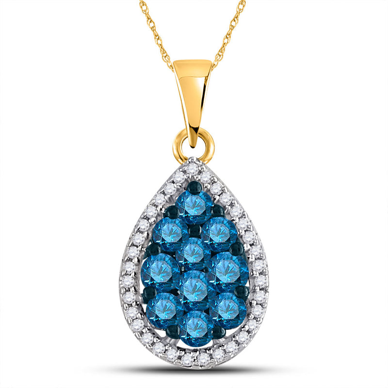 10kt Yellow Gold Womens Round Blue Color Enhanced Diamond Teardrop Pendant 3/4 Cttw