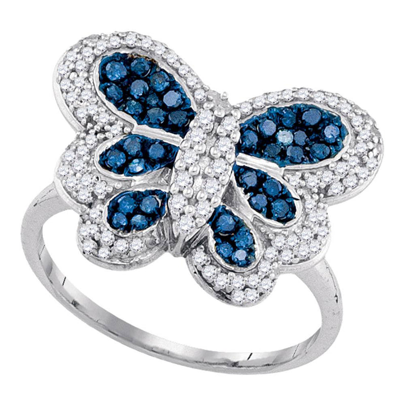 10kt White Gold Womens Round Blue Color Enhanced Diamond Butterfly Bug Ring 3/4 Cttw