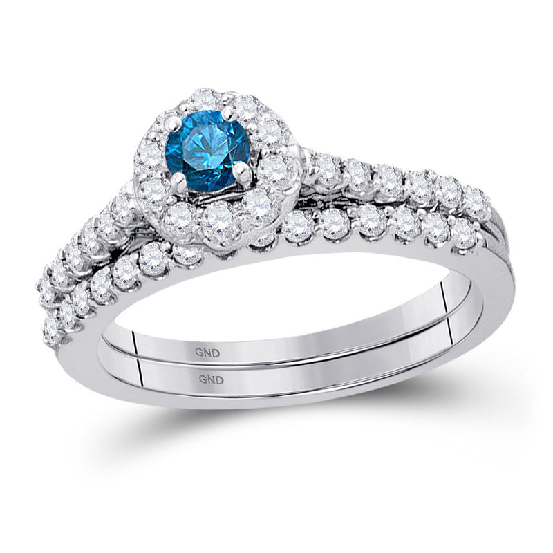 10kt White Gold Womens Round Blue Color Enhanced Diamond Bridal Wedding Ring Set 7/8 Cttw