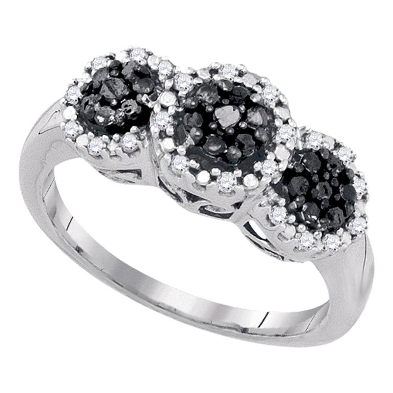 10kt White Gold Womens Round Black Color Enhanced Diamond Triple Cluster Ring 1/3 Cttw