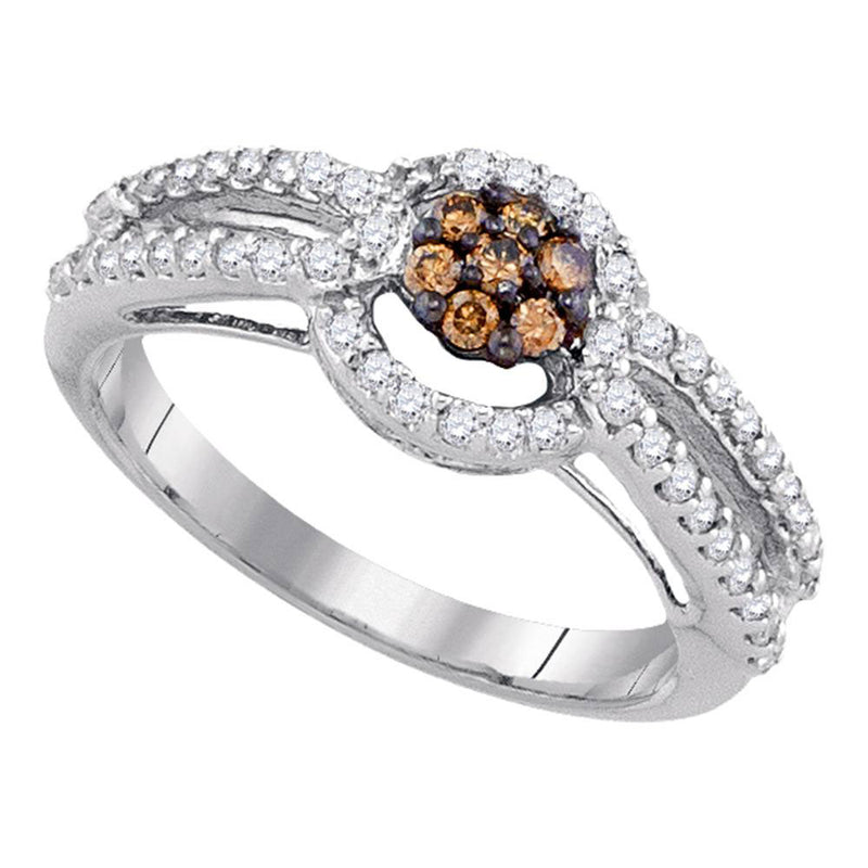 10kt White Gold Womens Round Brown Diamond Cluster Ring 1/2 Cttw