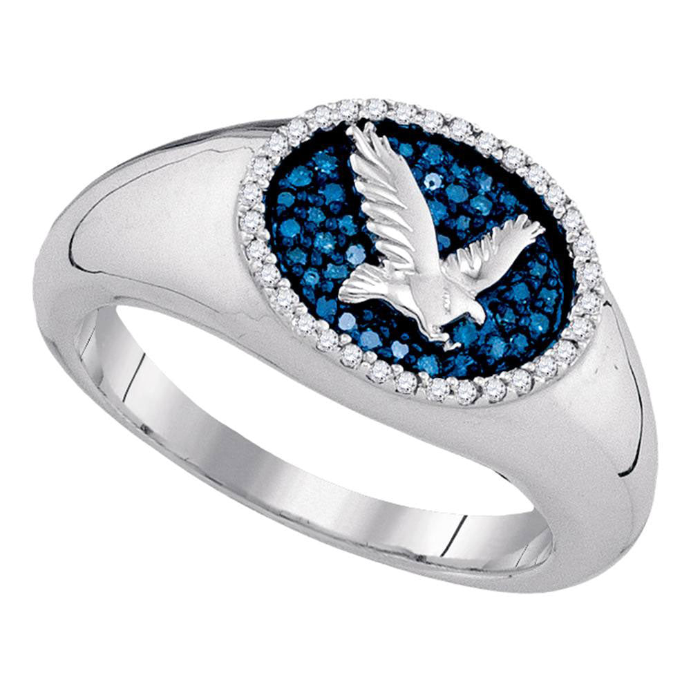 10kt White Gold Mens Round Blue Color Enhanced Diamond Oval Cluster Eagle Ring Cttw