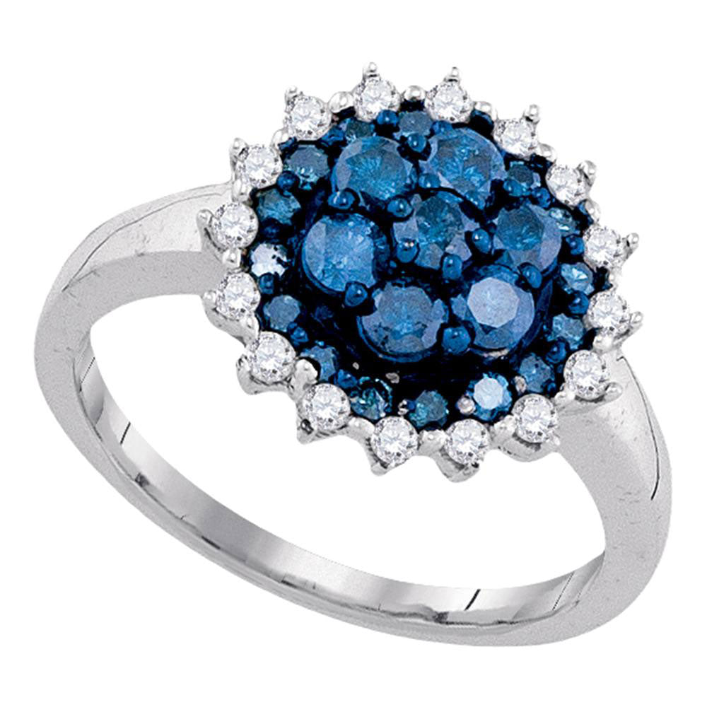 10kt White Gold Womens Round Blue Color Enhanced Diamond Flower Cluster Ring 1 Cttw