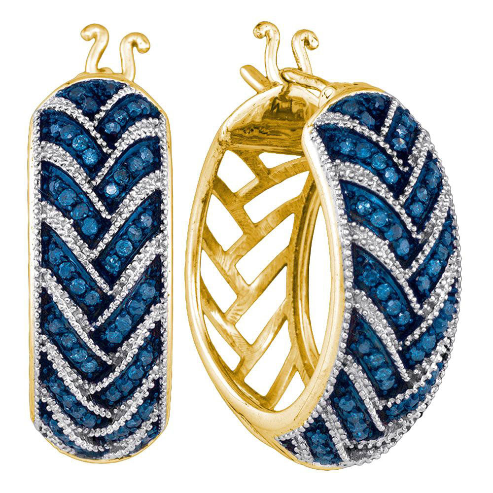 10kt Yellow Gold Womens Round Blue Color Enhanced Diamond Milgrain Hoop Earrings 1/3 Cttw