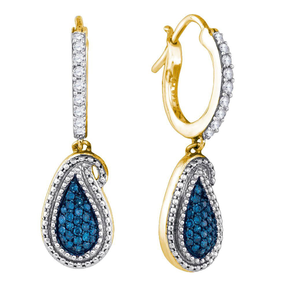 10kt Yellow Gold Womens Round Blue Color Enhanced Diamond Dangle Earrings 1/2 Cttw