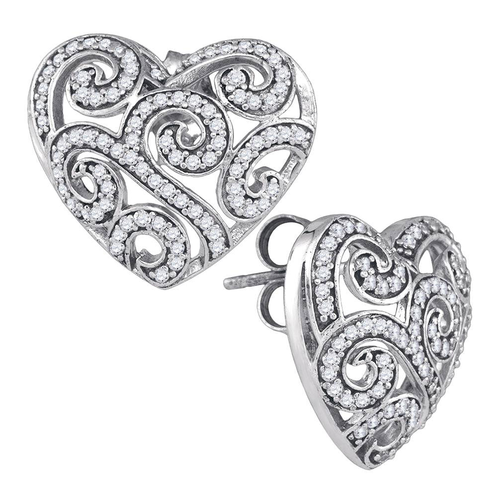 10kt White Gold Womens Round Diamond Heart Earrings 1/2 Cttw