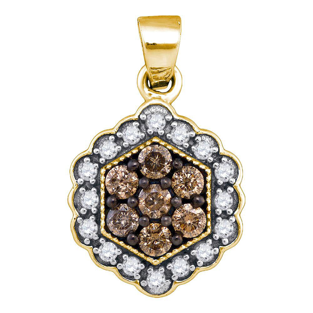 10kt Yellow Gold Womens Round Brown Diamond Hexagon Flower Cluster Pendant 1/2 Cttw