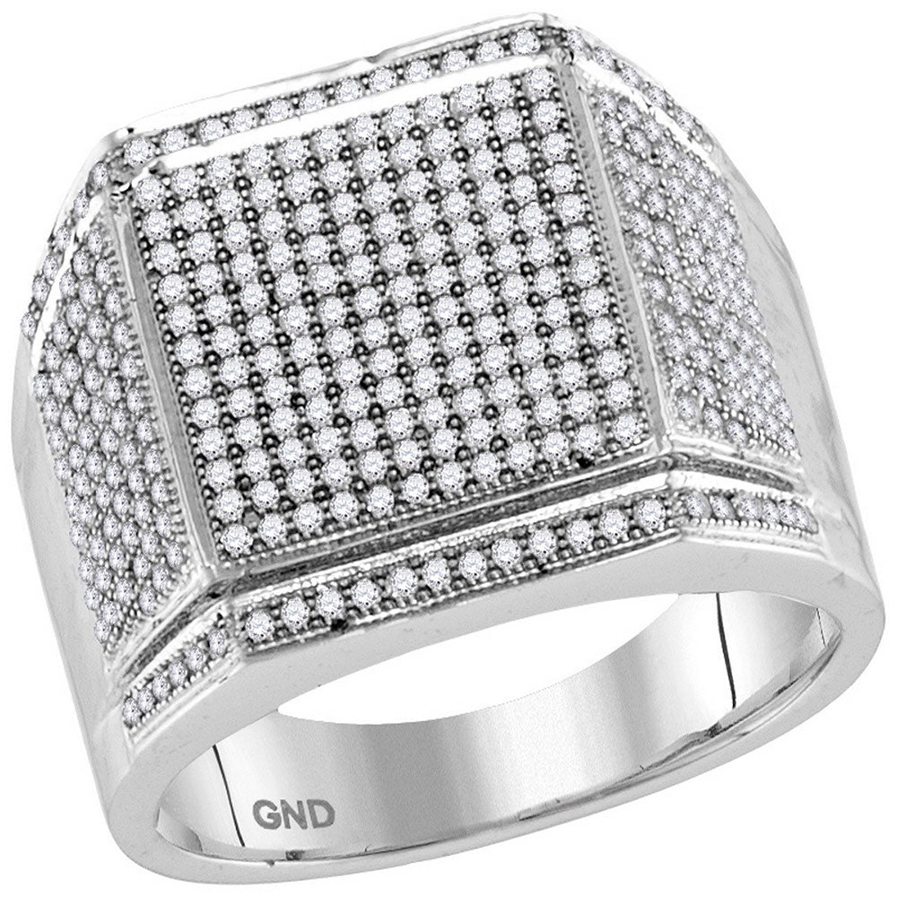 10kt White Gold Mens Round Diamond Edged Square Cluster Ring 7/8 Cttw