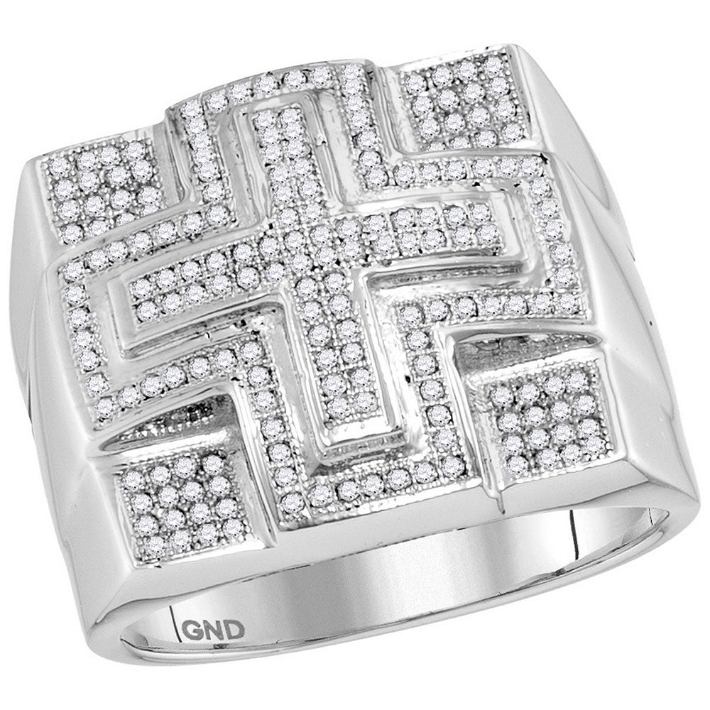 10kt White Gold Mens Round Diamond Domed Cross Cluster Ring 1/2 Cttw