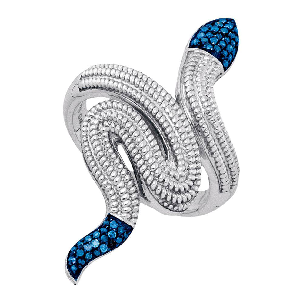 Sterling Silver Womens Round Blue Color Enhanced Diamond Serpent Snake Fashion Ring 1/6 Cttw