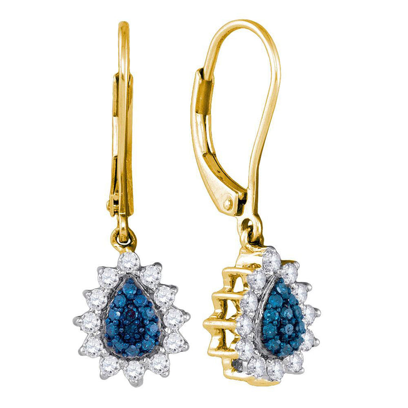 10kt Yellow Gold Womens Round Blue Color Enhanced Diamond Teardrop Dangle Earrings 1/2 Cttw