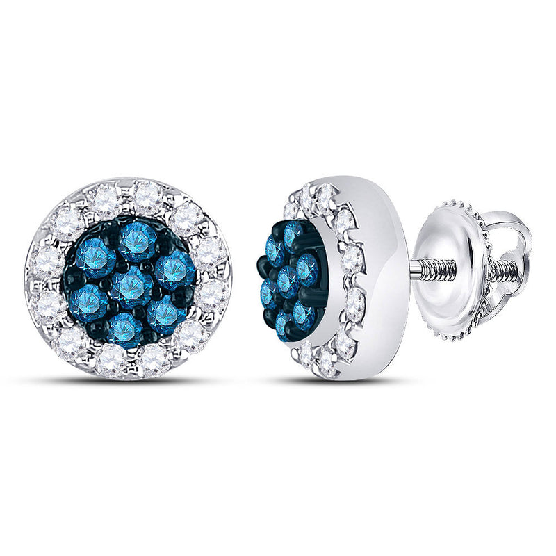 10kt White Gold Womens Round Blue Color Enhanced Diamond Flower Cluster Earrings 1/2 Cttw