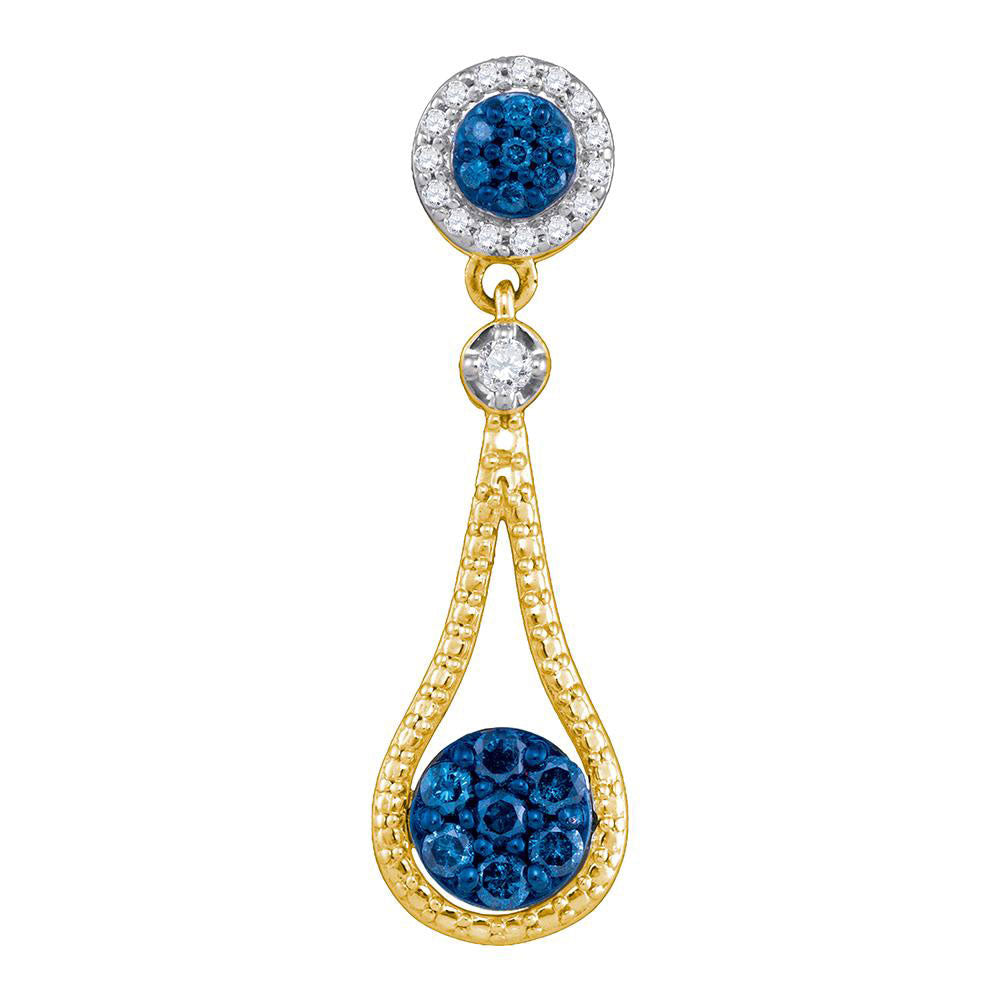 10kt Yellow Gold Womens Round Blue Color Enhanced Diamond Cluster Pendant 1/3 Cttw