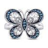 10kt White Gold Womens Round Blue Color Enhanced Diamond Butterfly Bug Ring 1/3 Cttw