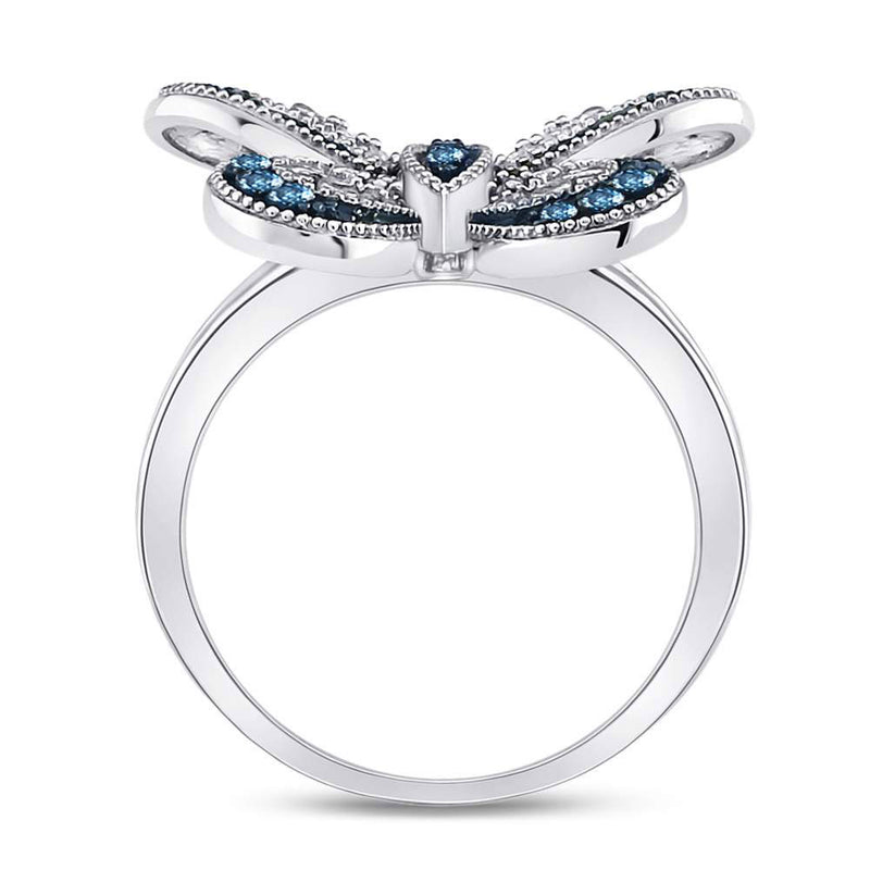 10kt White Gold Womens Round Blue Color Enhanced Diamond Butterfly Bug Ring 1/3 Cttw