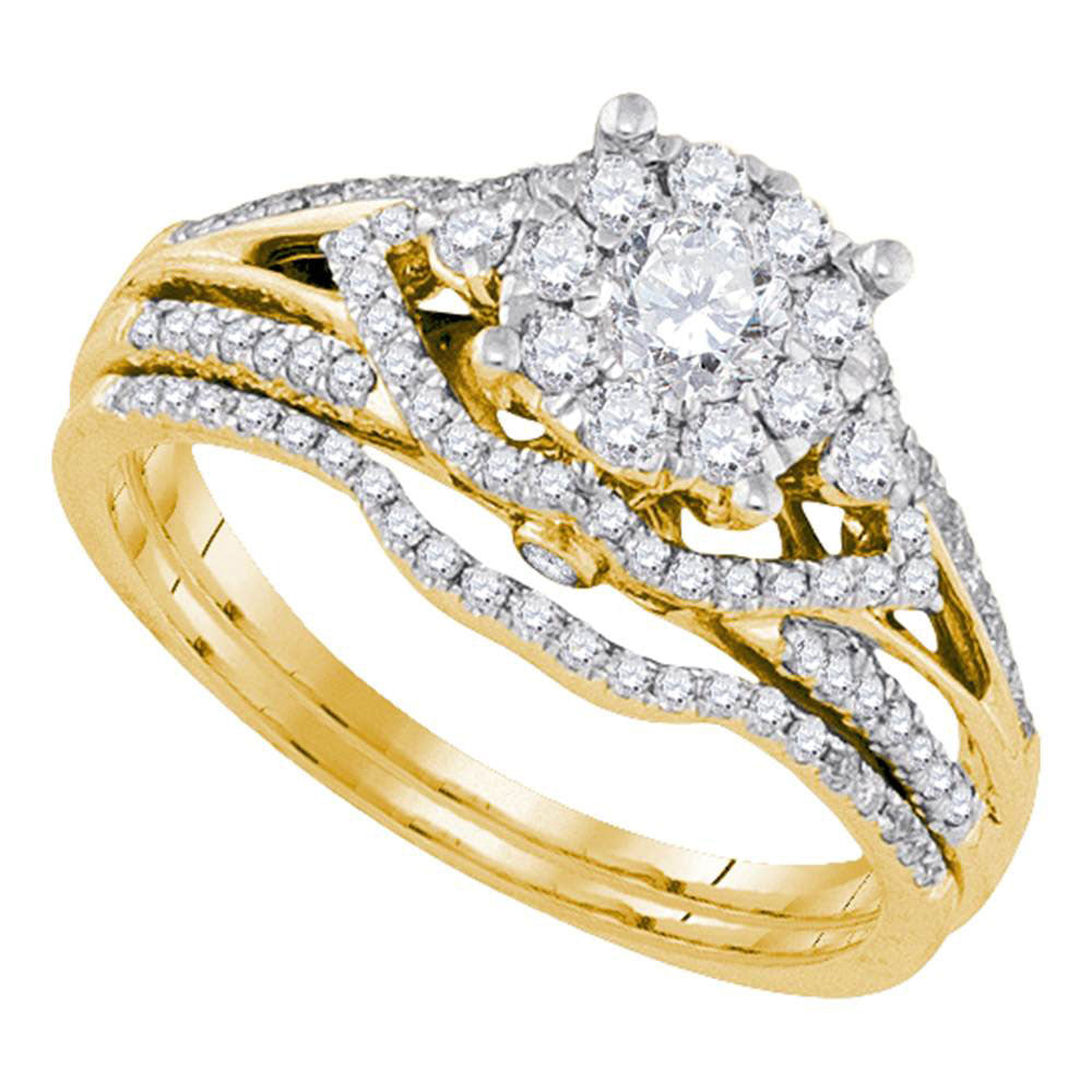 14kt Yellow Gold Round Diamond Cluster Bridal Wedding Ring Band Set 3/4 Cttw